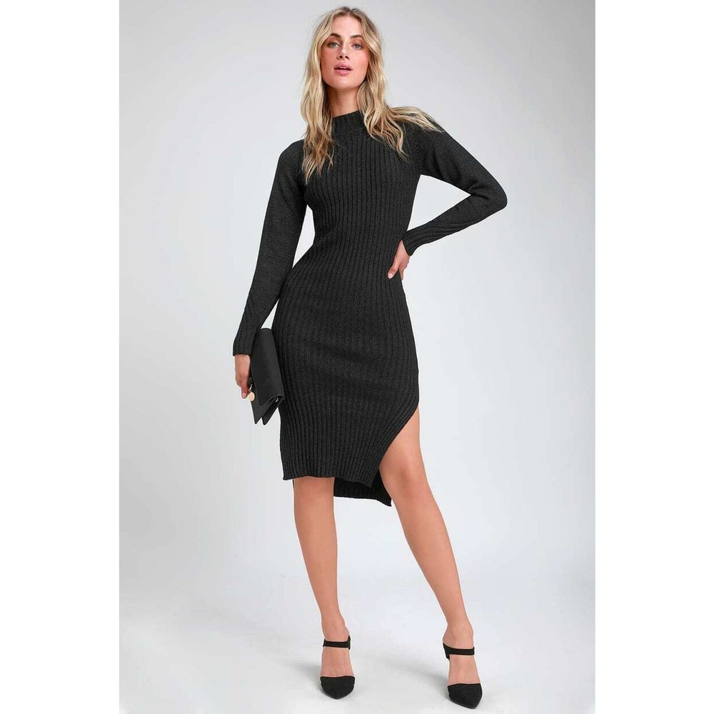 Lulus Bodycon Sweater Dress Charcoal Gray Mock Nec